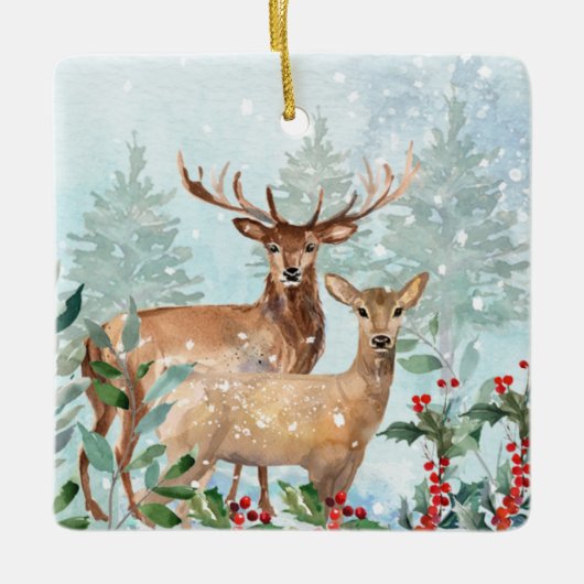 Winterwald, Hirsche, Blockhütte Keramik Keramikornament (Vorderseite)