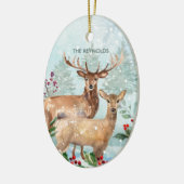 Winterwald, Hirsche, Blockhütte Keramik Ornament (Links)