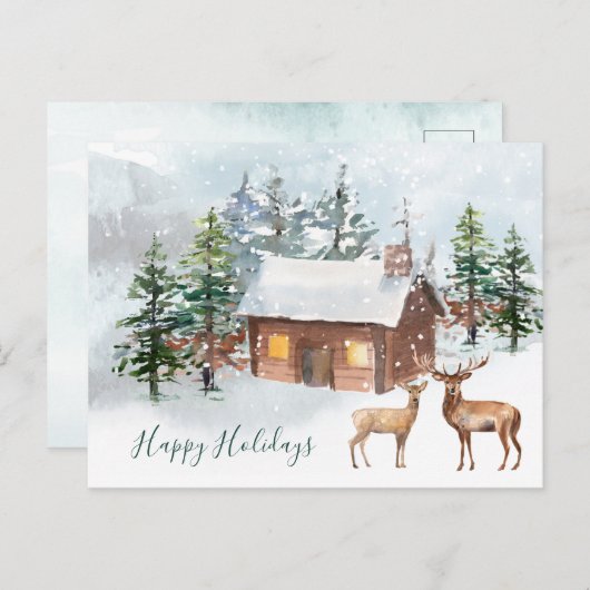 Winterwald, Hirsche, Blockhütte Weihnachten Postkarte (Vorne/Hinten)