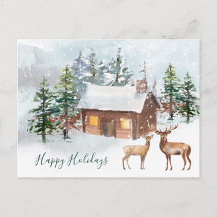 Winterwald, Hirsche, Blockhütte Weihnachten Postkarte