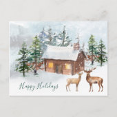 Winterwald, Hirsche, Blockhütte Weihnachten Postkarte (Vorderseite)