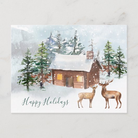 Winterwald, Hirsche, Blockhütte Weihnachten Postkarte (Vorderseite)