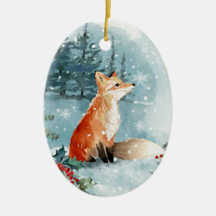 Winterwald, Holzhütte, Fuchs Keramik Ornament