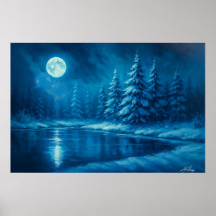 Winterwald im Mondlicht an einem See Poster