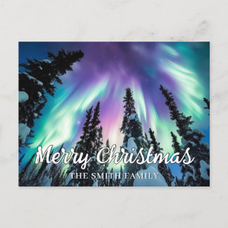 Winterwald im Nordlicht Frohe Weihnachten Postkarte