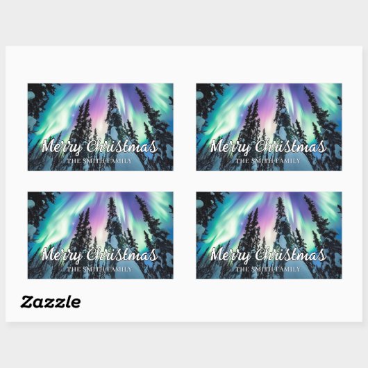 Winterwald im Nordlicht Frohe Weihnachten Rechteckiger Aufkleber (Blatt)