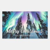 Winterwald im Nordlicht Frohe Weihnachten Rechteckiger Aufkleber (Vorderseite)