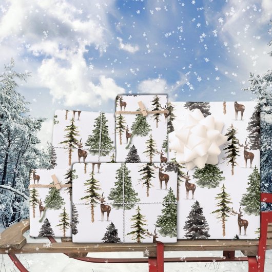 Winterwald-Kiefernwald Rentier Geschenkpapier Set