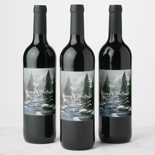 Winterwald-Land-Fluss-Weihnachten Weinetikett (Flaschen)