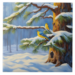 Winterwald mit bunten Vögeln auf einem Baum Fliese