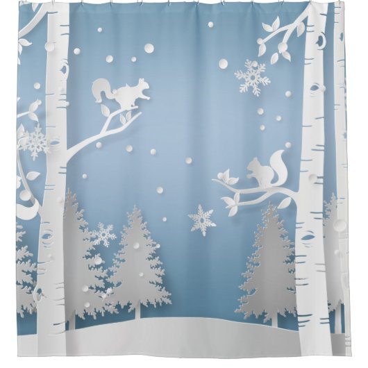 Winterwald mit Eichhörnchen Papercut Duschvorhang (Vorderseite)