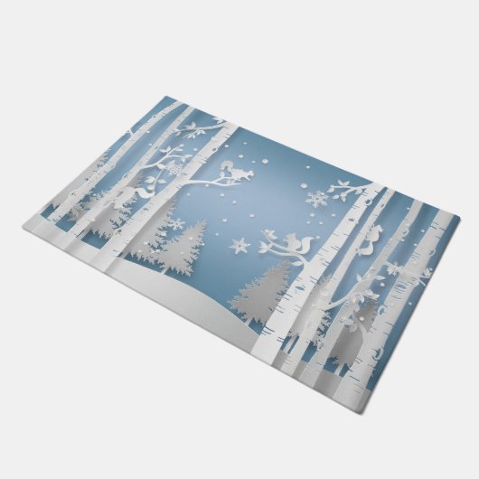 Winterwald mit Eichhörnchen Papercut Fußmatte (Schrägansicht)