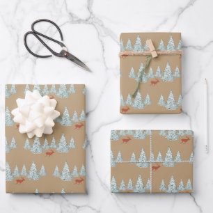 Winterwald mit Fichtenwald und Hirschen Geschenkpapier Set