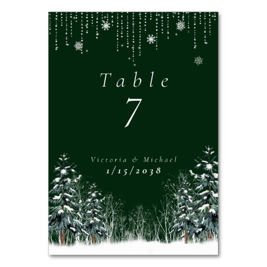 Winterwald Pine Trees Schneeflocken Tischnummer (Rückseite)