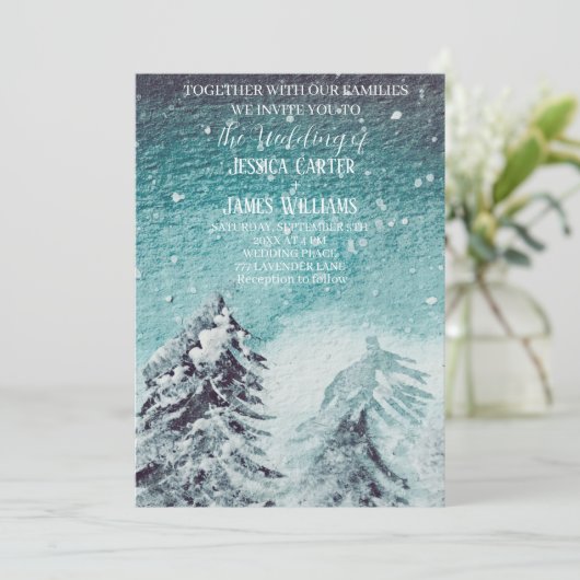 Winterwald Pinienbäume Hochzeit Einladung (Stehend Vorderseite)