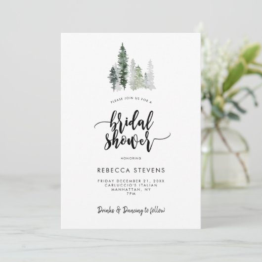 Winterwald rustikale Brautdusche Einladung (Stehend Vorderseite)