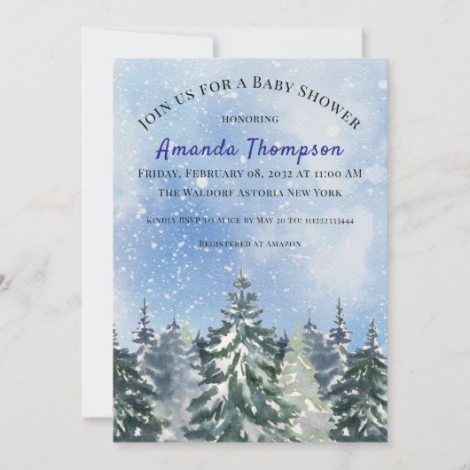 Winterwald Rustikale Wasserfarbe Blaue Pine Tree J Einladung (Vorderseite)