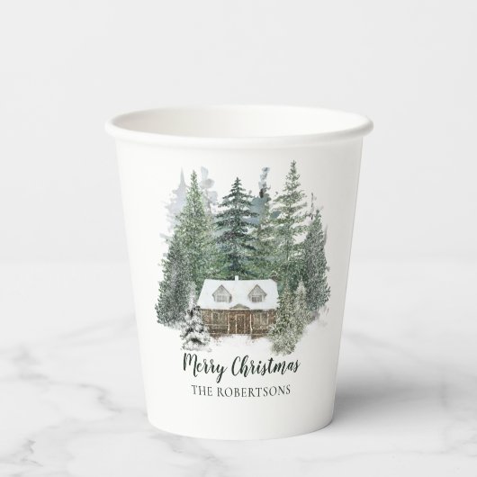 Winterwald Rustikale Weihnachtslandhütte Pappbecher (Rückseite)