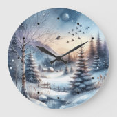 Winterwald Schneehaus Bäume Blauer Teich Große Wanduhr (Vorderseite)