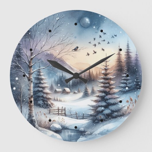 Winterwald Schneehaus Bäume Blauer Teich Große Wanduhr (Vorderseite)