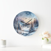 Winterwald Schneehaus Bäume Blauer Teich Große Wanduhr (Zuhause)