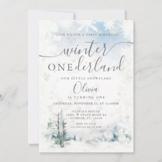 Winterwald Snowflakes Onederland 1. Geburtstag Einladung