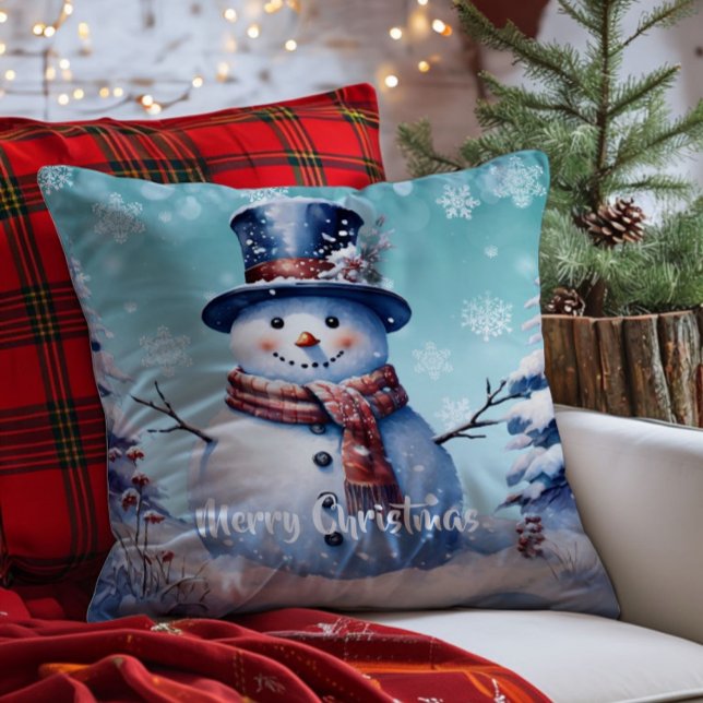 Winterwald Snowman Weihnachten | Aquamarin Kissen (Teal Winter Forest Snowman Christmas Throw Pillow)