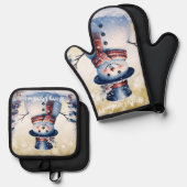 Winterwald Snowman Weihnachten | Gold Ofenhandschuh & Topflappen-Set (Vorderseite/Rückseite)