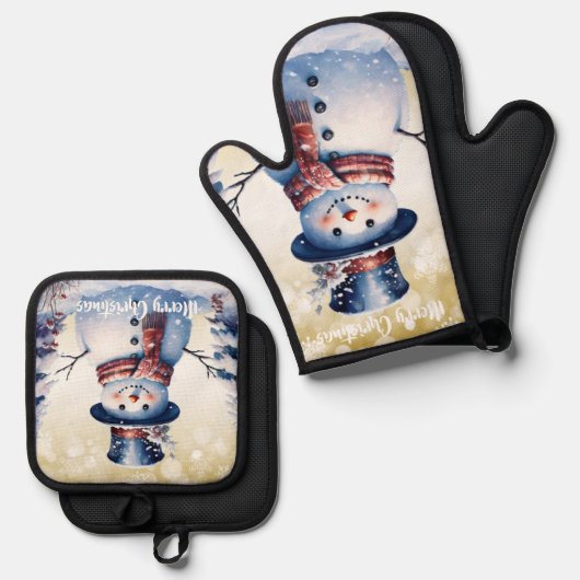 Winterwald Snowman Weihnachten | Gold Ofenhandschuh & Topflappen-Set (Vorderseite/Rückseite)