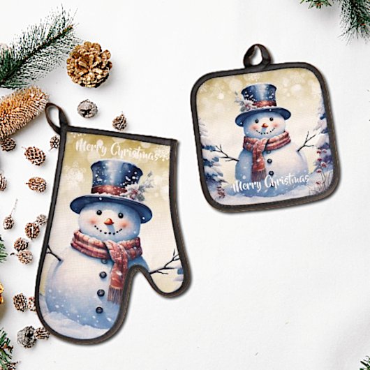 Winterwald Snowman Weihnachten | Gold Ofenhandschuh & Topflappen-Set