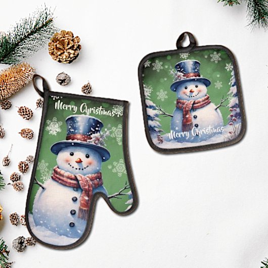 Winterwald Snowman Weihnachten | Green Ofenhandschuh & Topflappen-Set