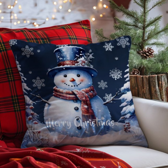 Winterwald Snowman Weihnachten Kissen (Blue Winter Forest Snowman Christmas Throw Pillow)