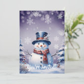 Winterwald Snowman Weihnachten | Lila Party Einladung (Stehend Vorderseite)
