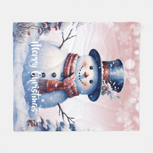 Winterwald Snowman Weihnachten | Pink Fleecedecke (Vorderseite (Horizontal))