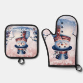 Winterwald Snowman Weihnachten | Pink Ofenhandschuh & Topflappen-Set (Vorderseite)