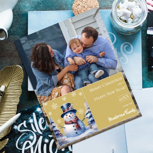 Winterwald Snowman Weihnachtsfest Foto | Gold Feiertagskarte