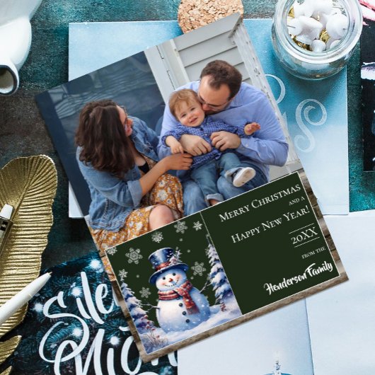 Winterwald Snowman Weihnachtsfest Foto | Green Feiertagskarte