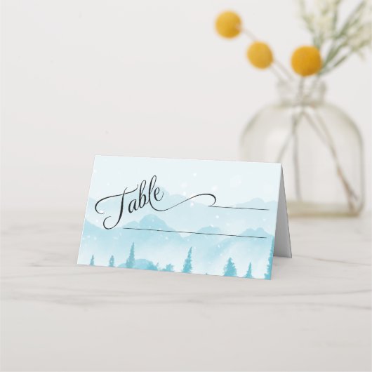 Winterwald Snowy Mountain Hochzeit Platzkarte (Vorderseite)