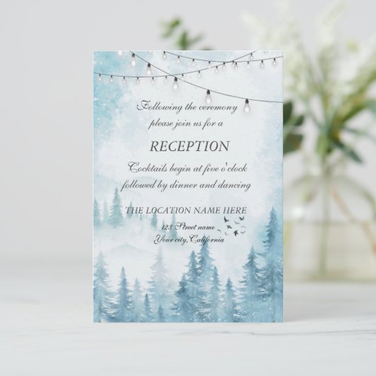 Winterwald, String Light, Hochzeitsempfang Einladung (Stehend Vorderseite)