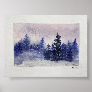Winterwald Twilight Firs Wasserfarben Kunst, Dicht Poster