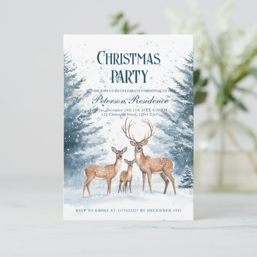 Winterwald und Rentier Weihnachtsfest - Party Einladung (Stehend Vorderseite)