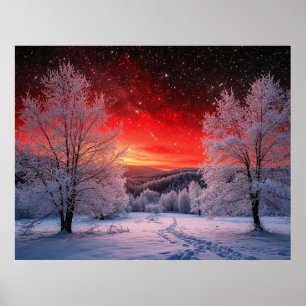 Winterwald unter rotem Sonnenuntergang Kino Natur Poster