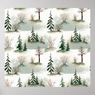 Winterwald: Von Hand Gezeichnet Grüner Weichzeichn Poster