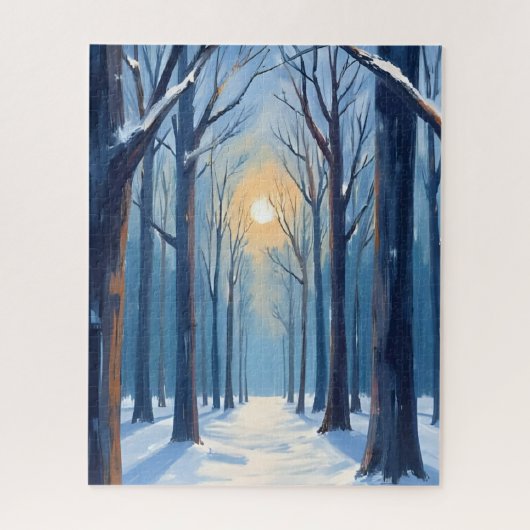Winterwald Wasserfarben Bäume Blau Puzzle (Vertikal)