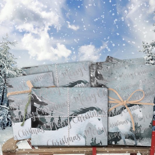 Winterwald Weißes Pferd Frohe Weihnachten Geschenkpapier Set