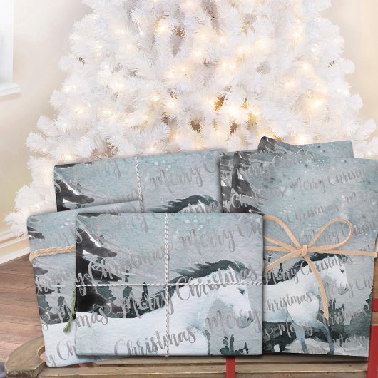 Winterwald Weißes Pferd Frohe Weihnachten Geschenkpapier Set