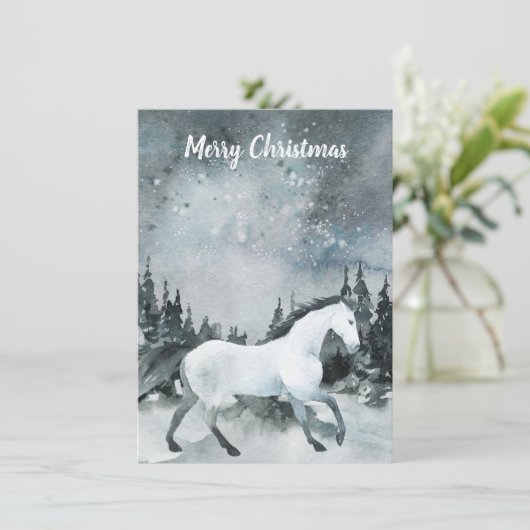 Winterwald Weißes Pferd Frohe Weihnachten Karte (Stehend Vorderseite)
