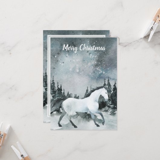 Winterwald Weißes Pferd Frohe Weihnachten Karte (Vorderseite/Rückseite Beispiel)
