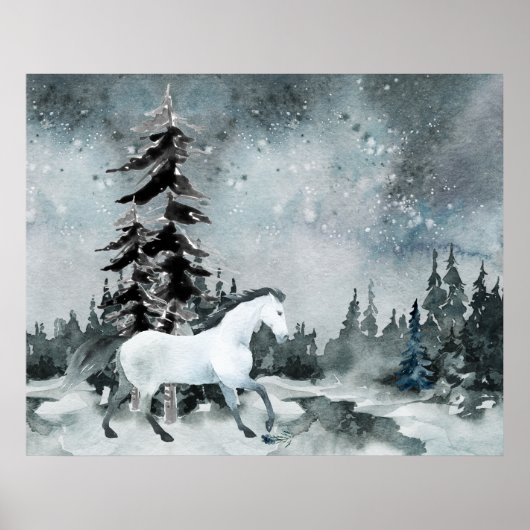 Winterwald Weißes Pferd Night Sky Poster (Vorne)