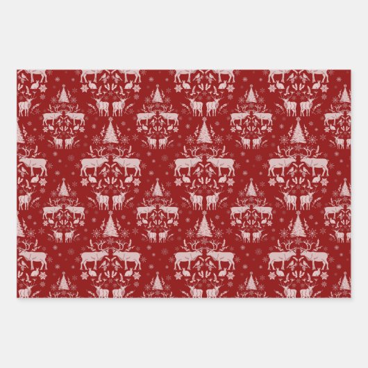 Winterwalddamast mit Rentierbäumen und Tannenbäume Geschenkpapier Set (Vorderseite 3)